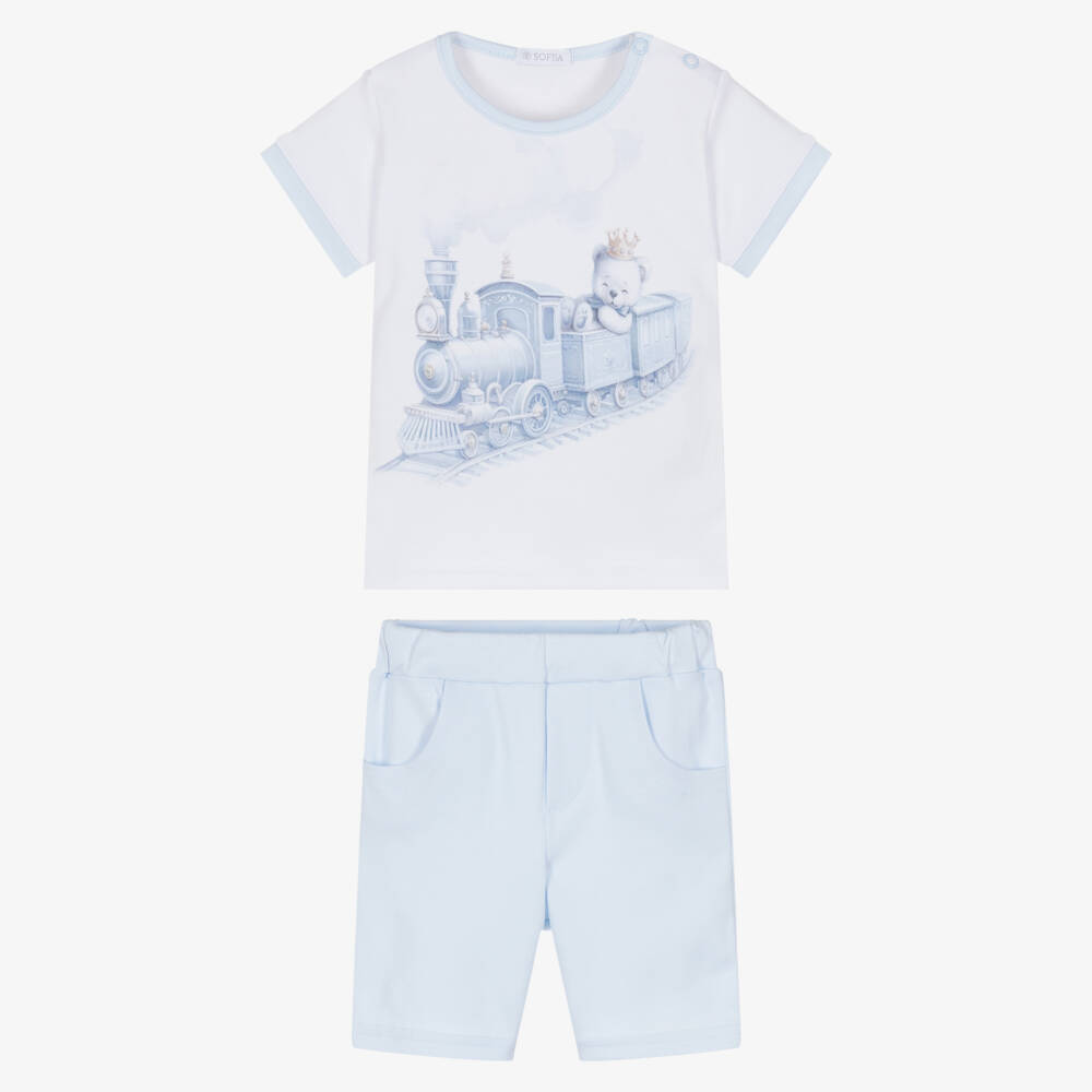 Sofija-White & Blue Teddy Print Ss Top & Shorts Set | Childrensalon Outlet