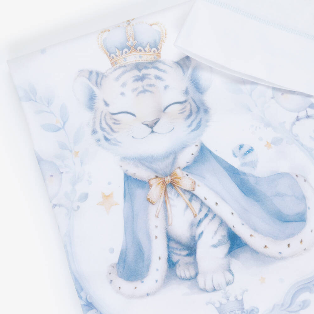 Sofija-White & Blue Tiger Print Cotton Jersey Blanket & Hat Set | Childrensalon Outlet
