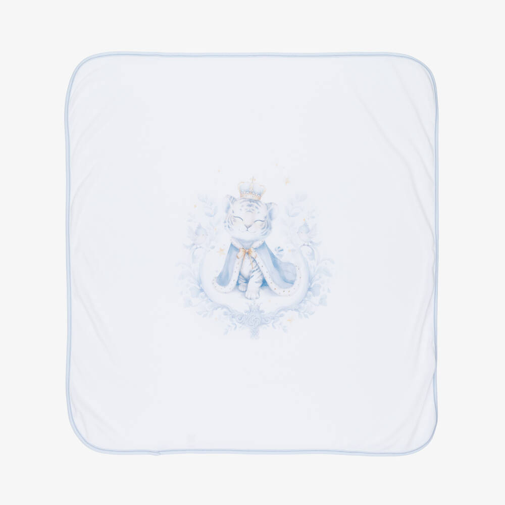Sofija-White & Blue Tiger Print Cotton Jersey Blanket & Hat Set | Childrensalon Outlet