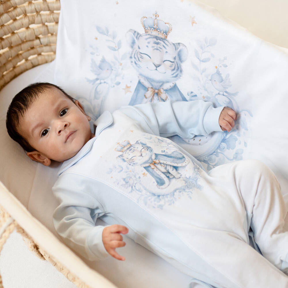 Sofija-White & Blue Tiger Print Cotton Jersey Blanket & Hat Set | Childrensalon Outlet