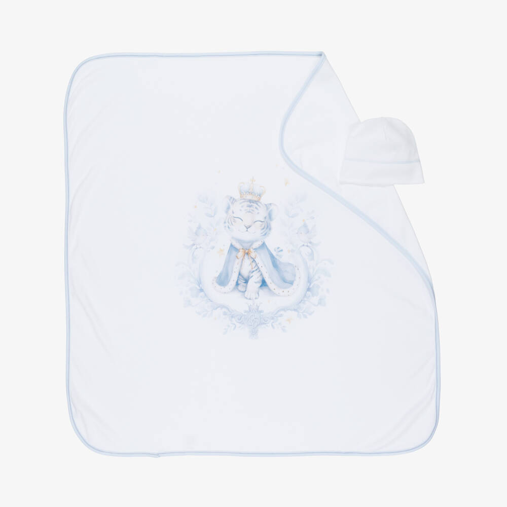 Sofija-White & Blue Tiger Print Cotton Jersey Blanket & Hat Set | Childrensalon Outlet
