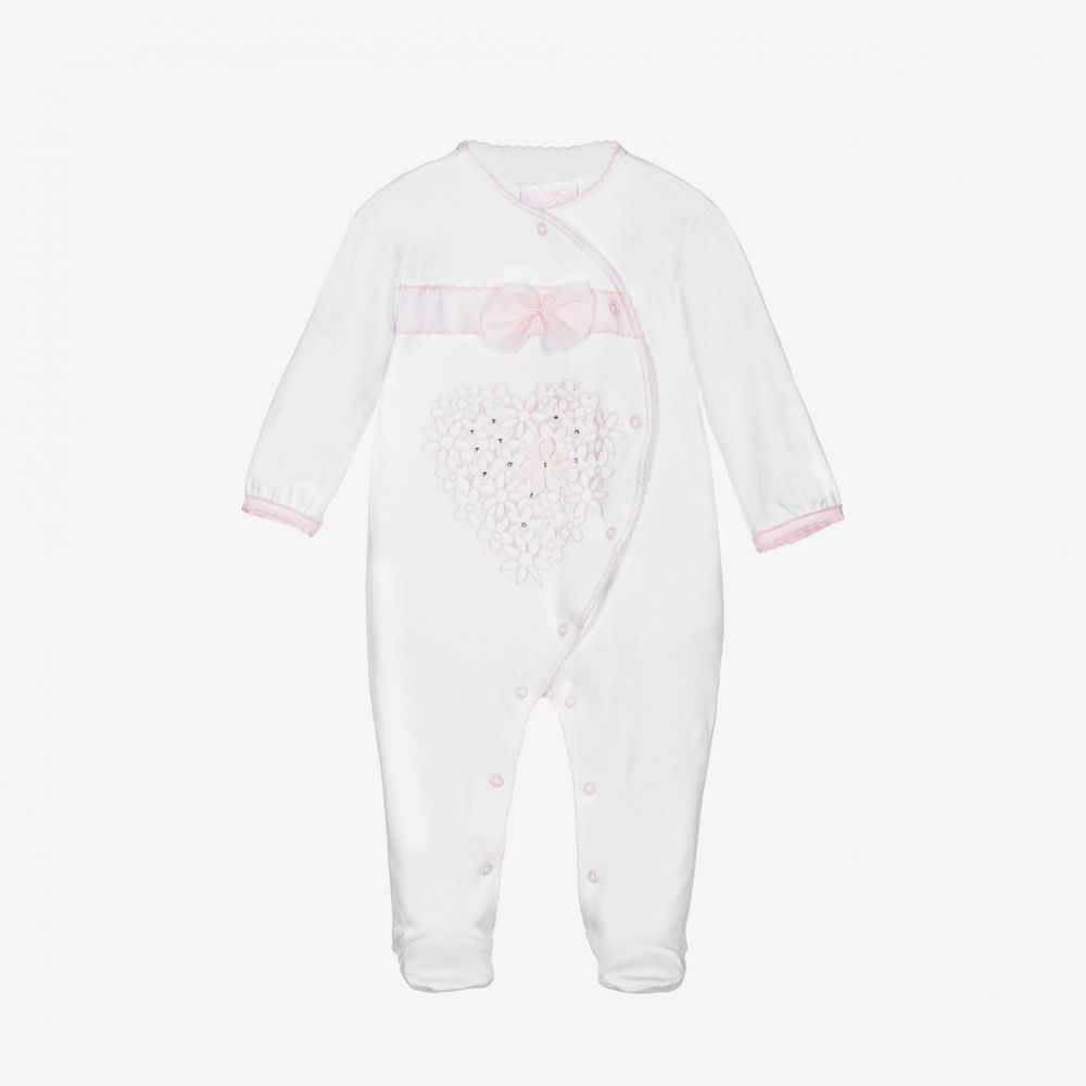 Sofija - White & Pink Cotton Babygrow | Childrensalon