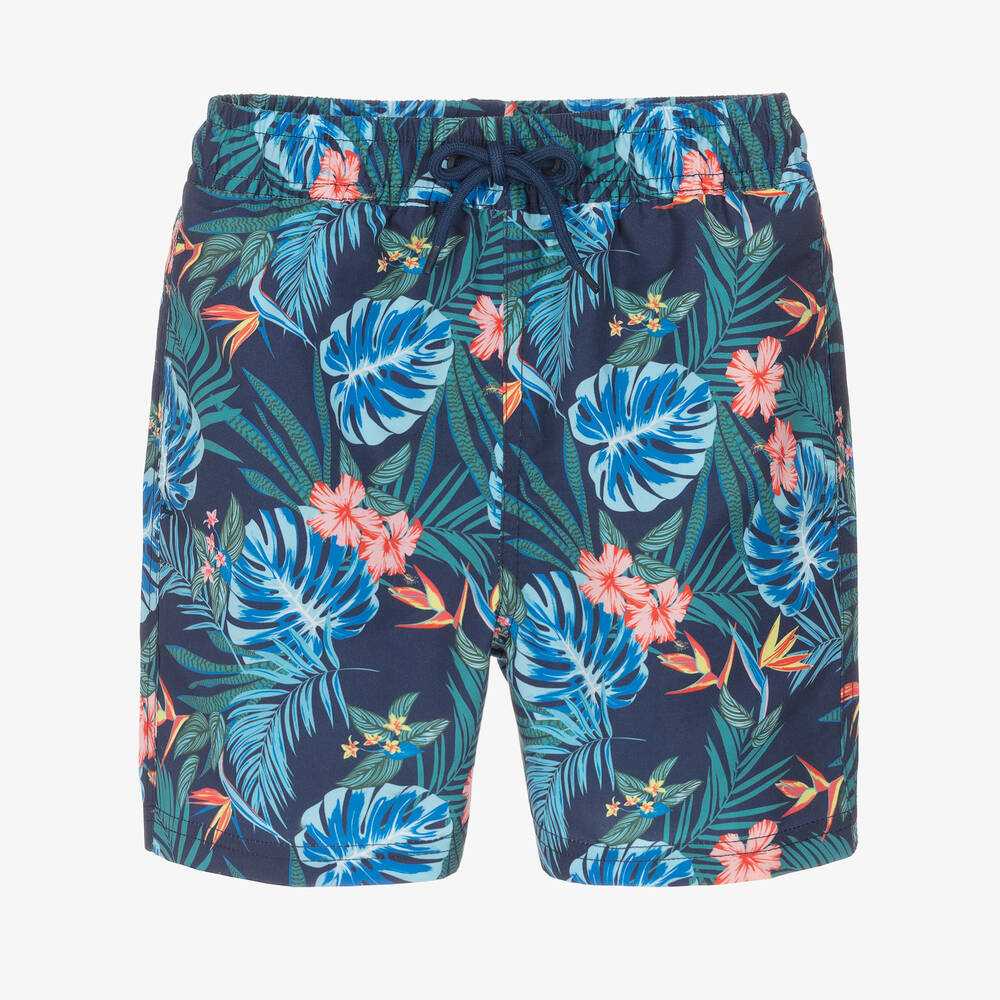 Soli Swim - Boys Blue Palm Leaf Swim Shorts (UPF50+) | Childrensalon