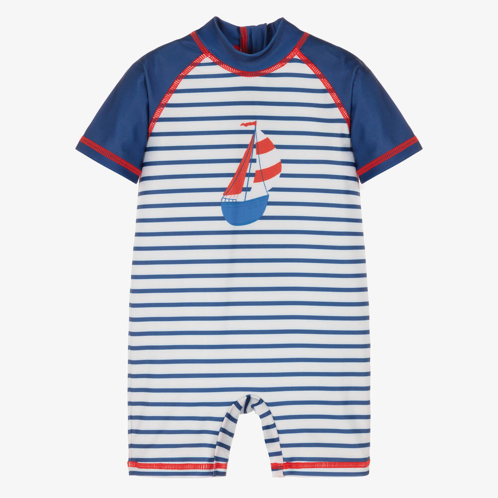 Soli Swim - Boys Navy Blue Striped Sun Suit (UPF50+) | Childrensalon