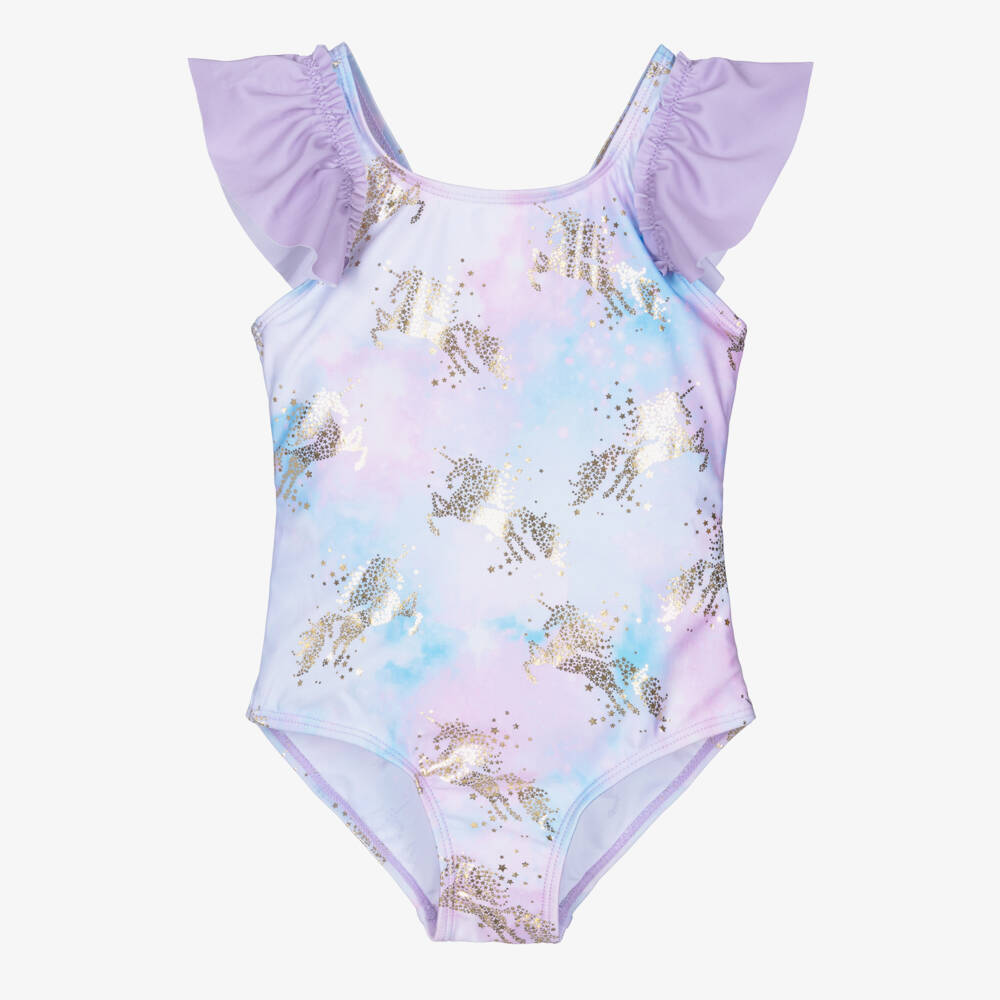 Soli Swim-Girls Lilac & Gold Unicorn Print Swimsuit (UPF50+) | Childrensalon Outlet