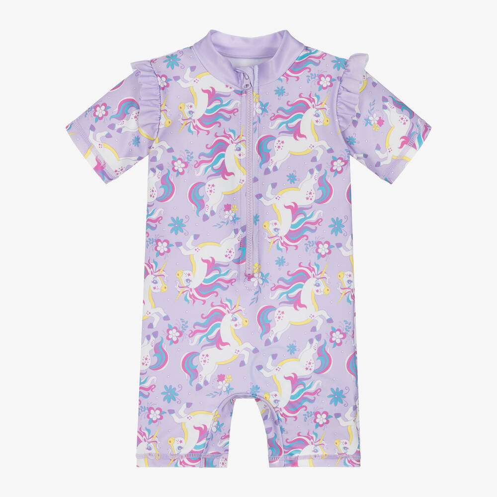 Girls Purple Unicorn Sun Suit UPF50