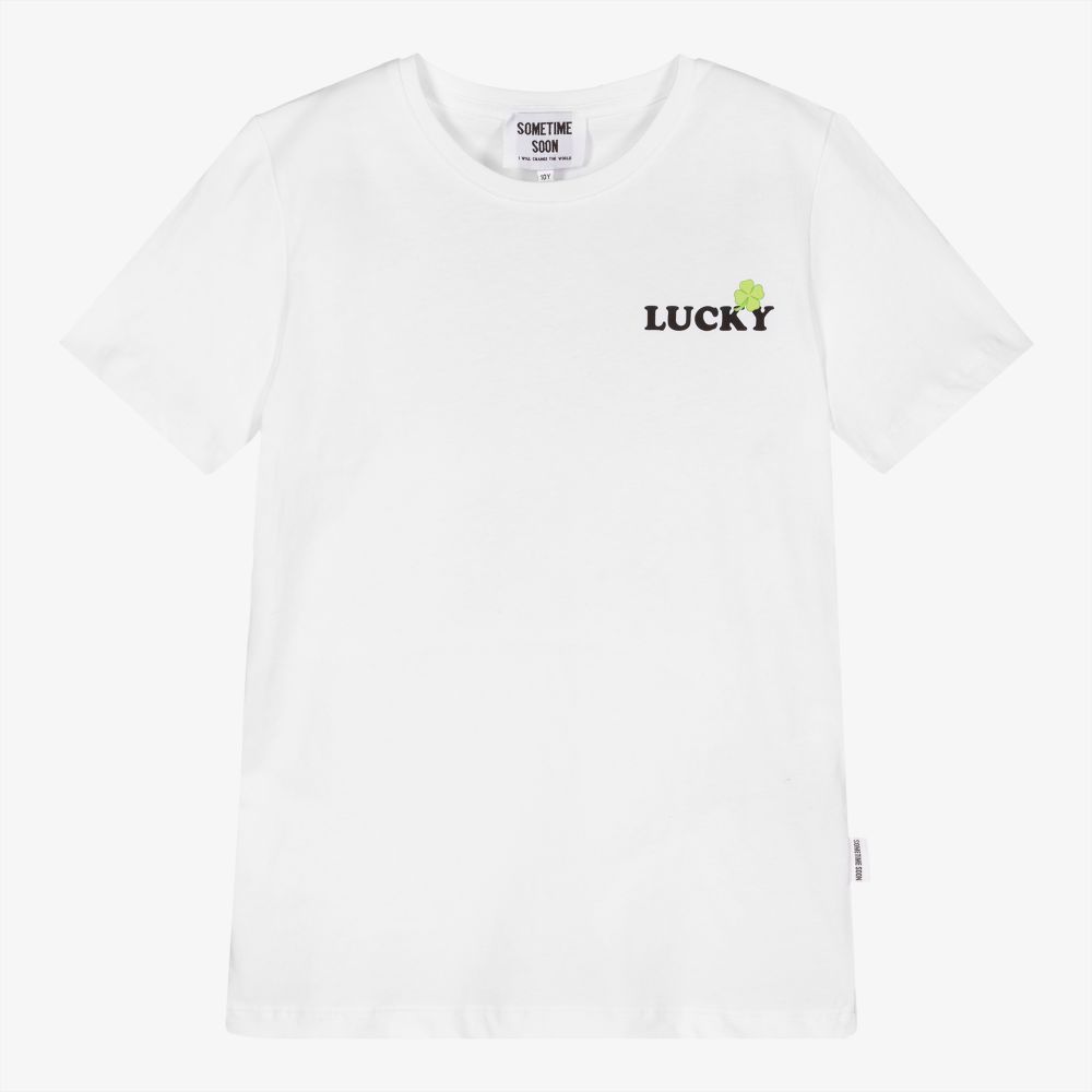 Sometime Soon - Teen Boys White Cotton T-Shirt | Childrensalon