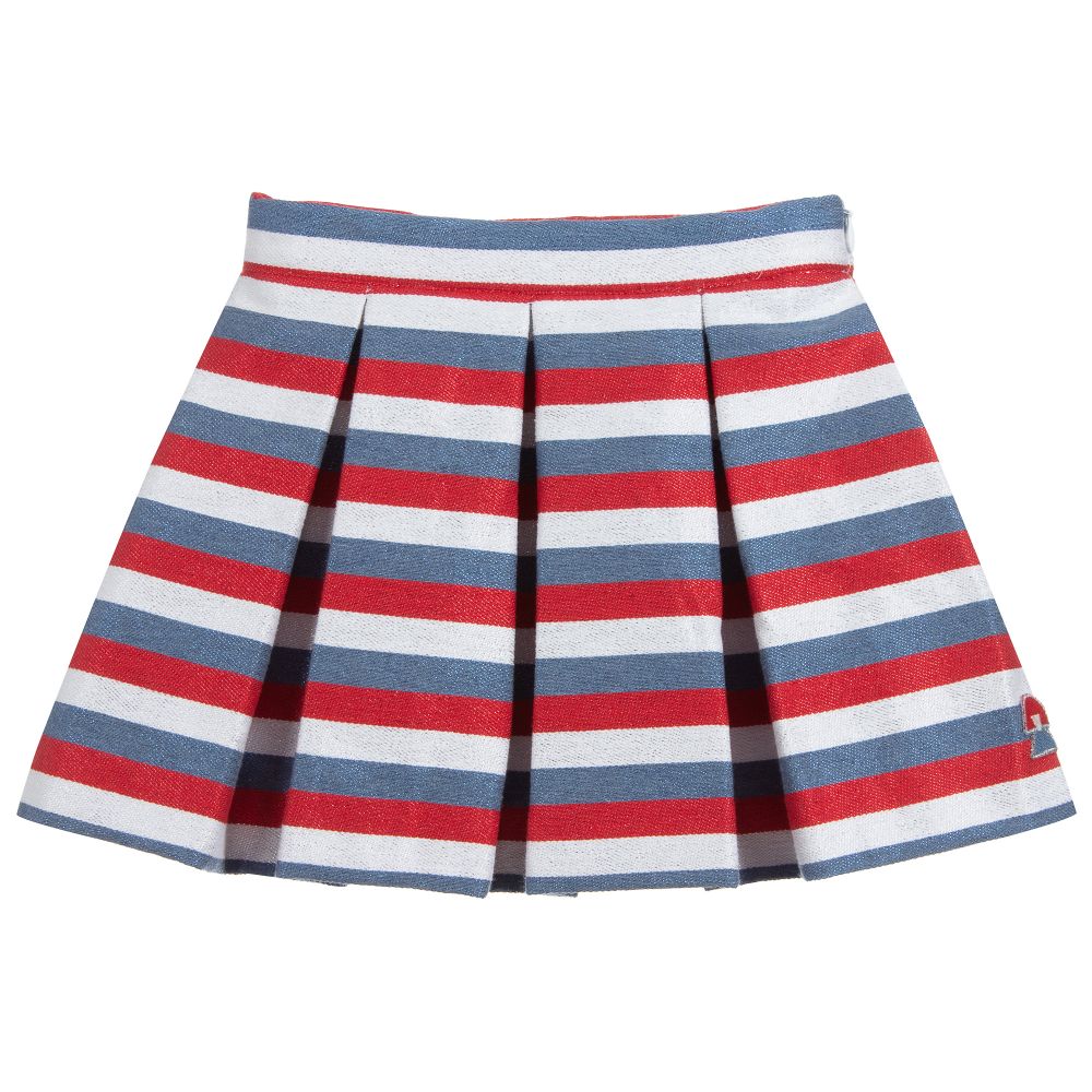 Sonia Rykiel Paris-تنورة بكسرات بولي قطن مقلم لون أبيض، أحمر وأزرق | Childrensalon Outlet