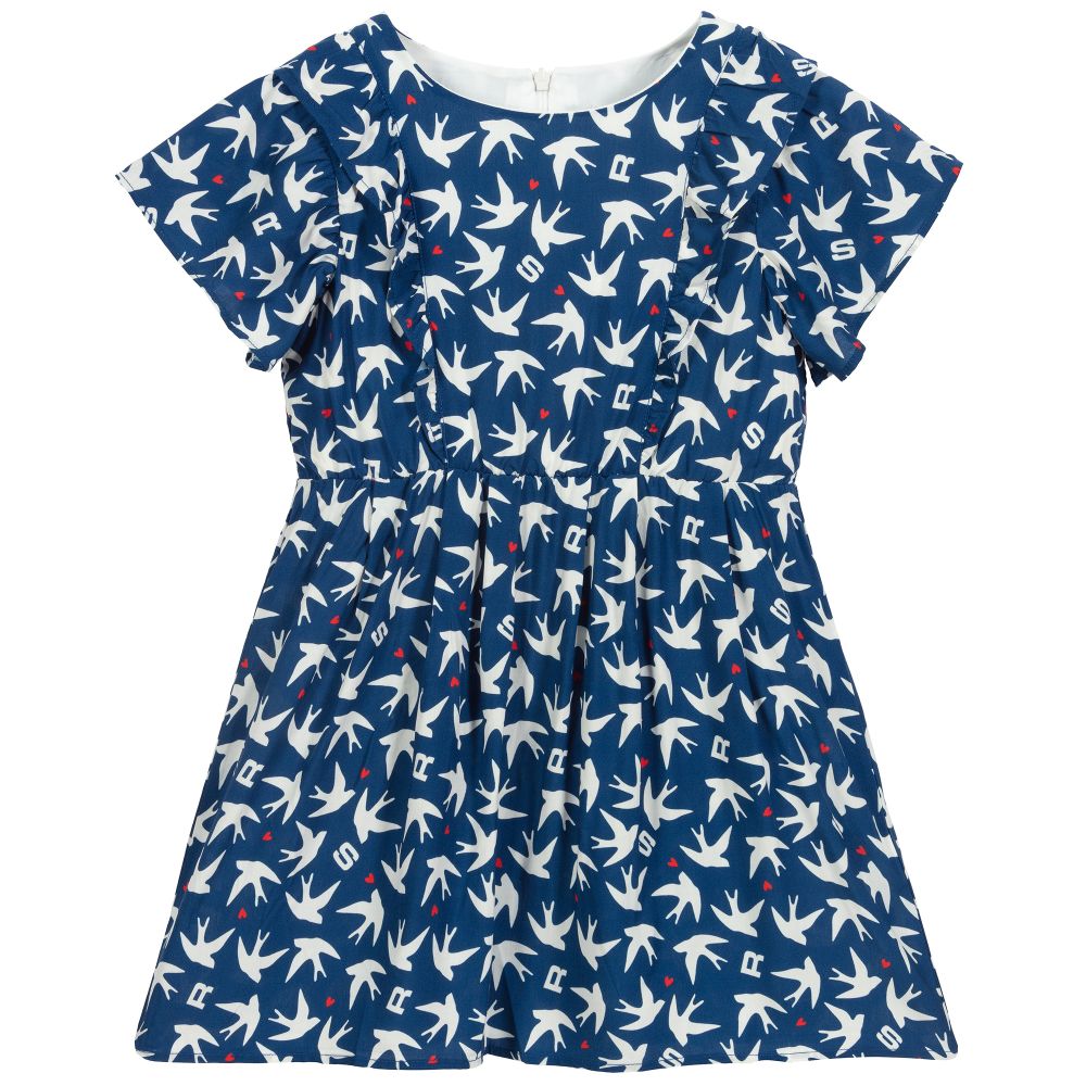 Sonia Rykiel Paris - Синее платье из вискозы с птичками  | Childrensalon
