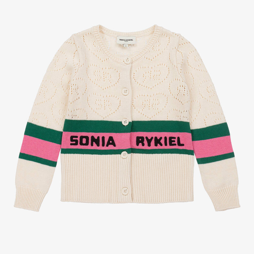 Sonia Rykiel Paris - Girls Beige Cotton Knit Stripe Cardigan | Childrensalon