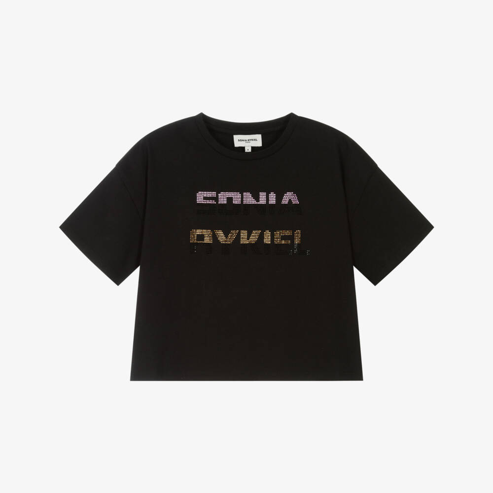Sonia Rykiel Paris-Girls Black Cotton Diamanté Logo T-Shirt | Childrensalon Outlet