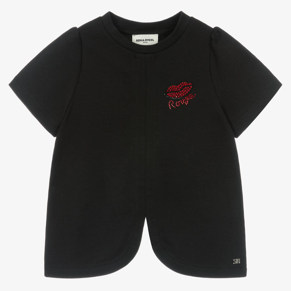 Sonia Rykiel Paris - Girls Black Cotton Lips Logo T-Shirt  | Childrensalon