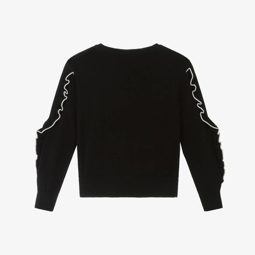 Sonia Rykiel Paris-Girls Black Cotton & Wool Ruffle Sleeve Sweater | Childrensalon Outlet