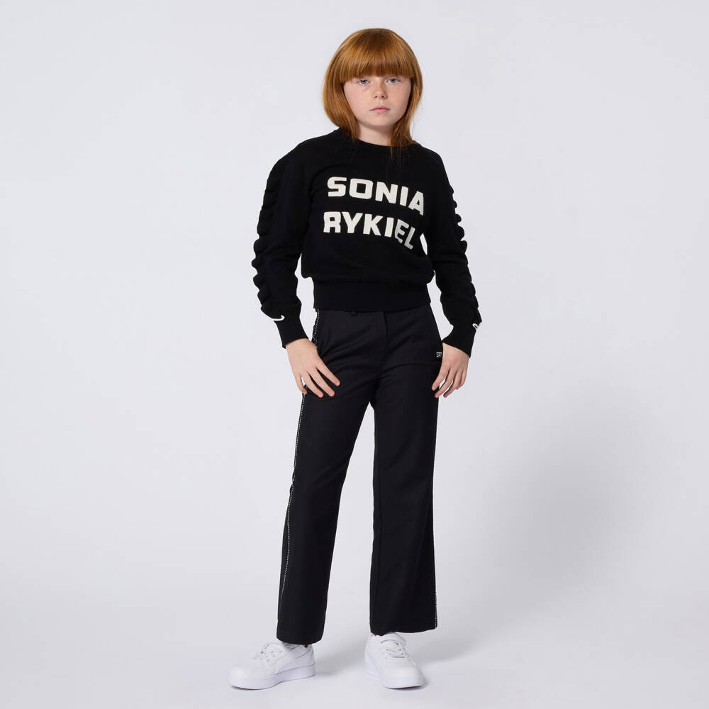 Sonia Rykiel Paris-Girls Black Cotton & Wool Ruffle Sleeve Sweater | Childrensalon Outlet