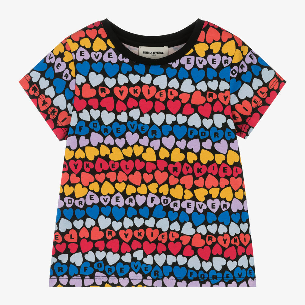 Sonia Rykiel Paris-Girls Black Heart Print Cotton T-Shirt | Childrensalon Outlet