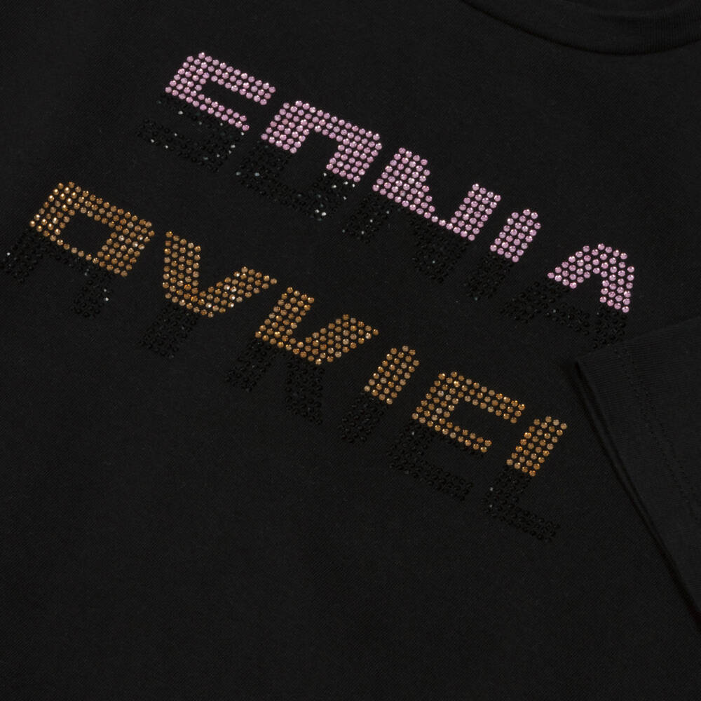 Sonia Rykiel Paris-تي شيرت بناتي أسود بلمعة وشعار | Childrensalon Outlet