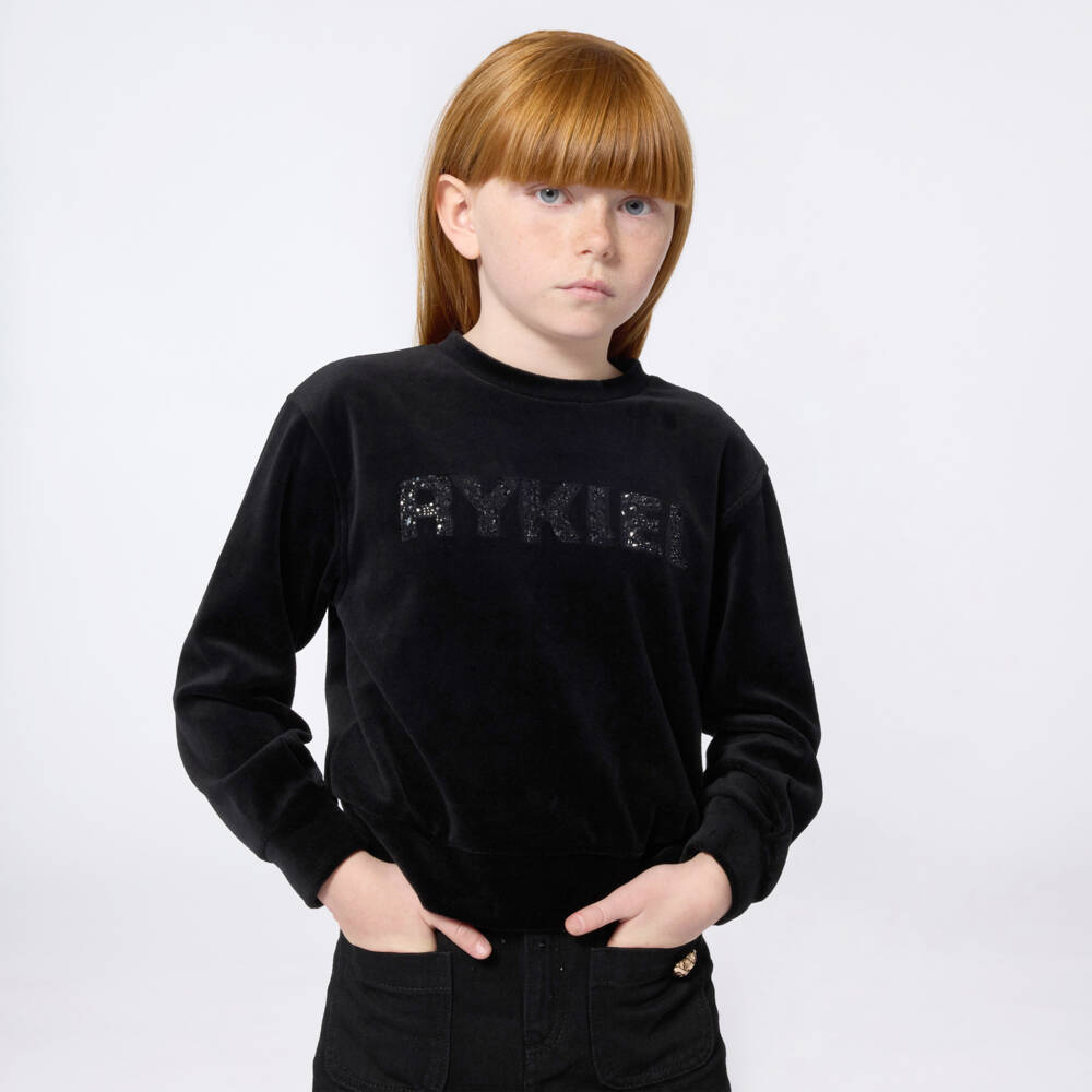 Sonia Rykiel Paris-Girls Black Velour Rhinestone Top | Childrensalon Outlet