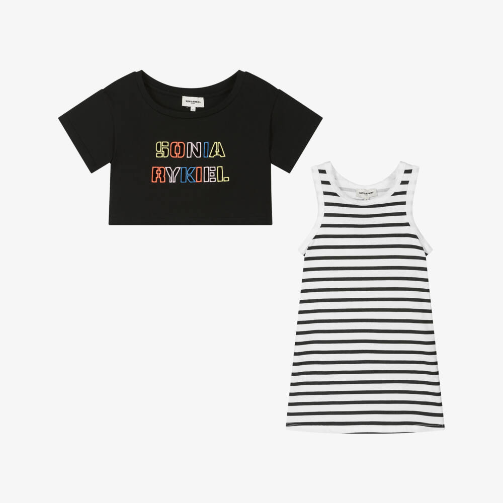 Sonia Rykiel Paris-Хлопковый комплект в полоску для девочек антрацитового цвета | Childrensalon Outlet