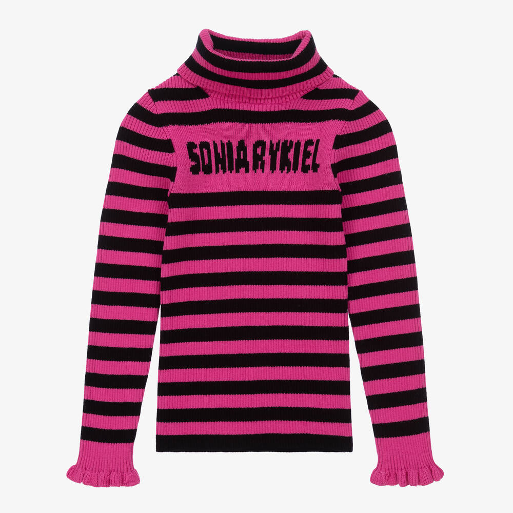 Sonia Rykiel Paris - Girls Pink & Black Striped Roll Neck | Childrensalon
