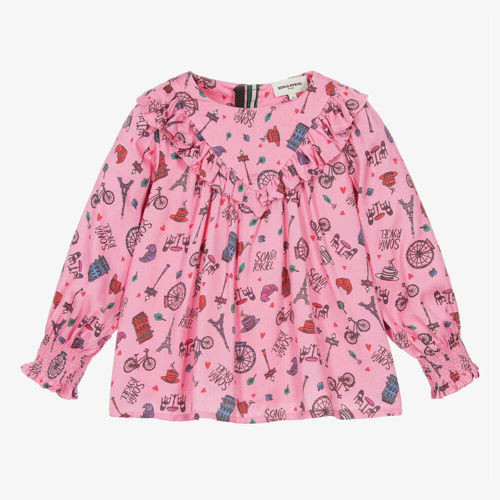 Sonia Rykiel Paris - Розовая блузка из вискозы с парижским принтом | Childrensalon