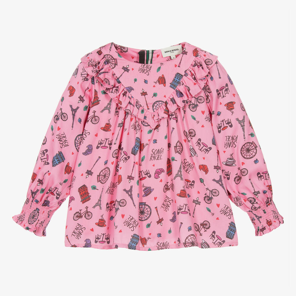 Sonia Rykiel Paris - Rosa Viskosebluse mit Café-Print | Childrensalon