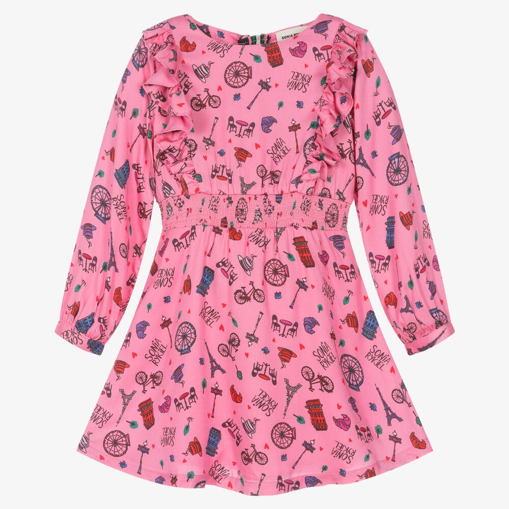 Sonia Rykiel Paris - Girls Pink Café Print Viscose Dress | Childrensalon