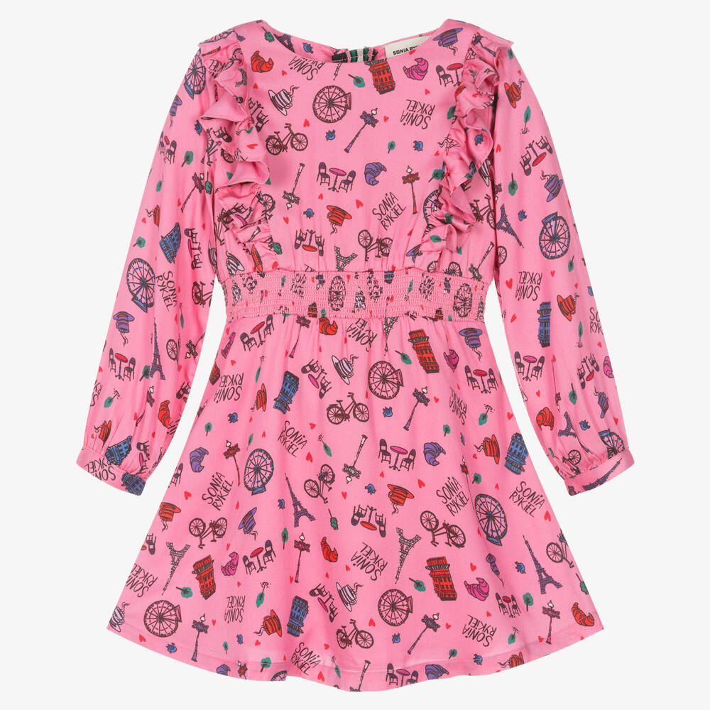 Sonia Rykiel Paris-Розовое платье из вискозы с парижским принтом | Childrensalon Outlet