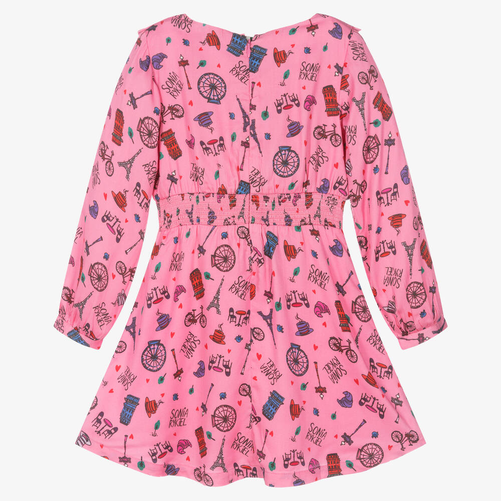 Sonia Rykiel Paris-Розовое платье из вискозы с парижским принтом | Childrensalon Outlet