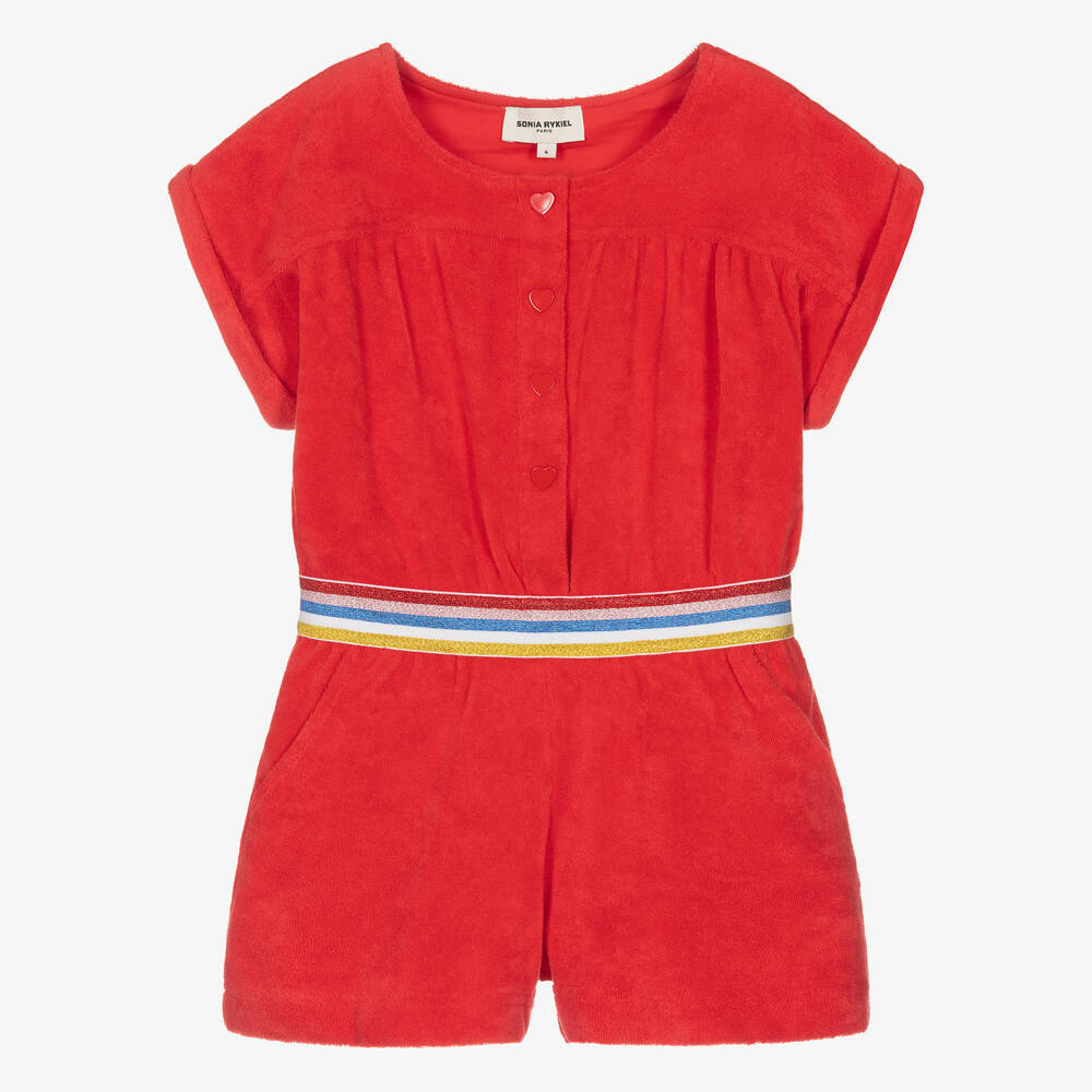 Sonia Rykiel Paris - Girls Red Cotton Logo Playsuit | Childrensalon