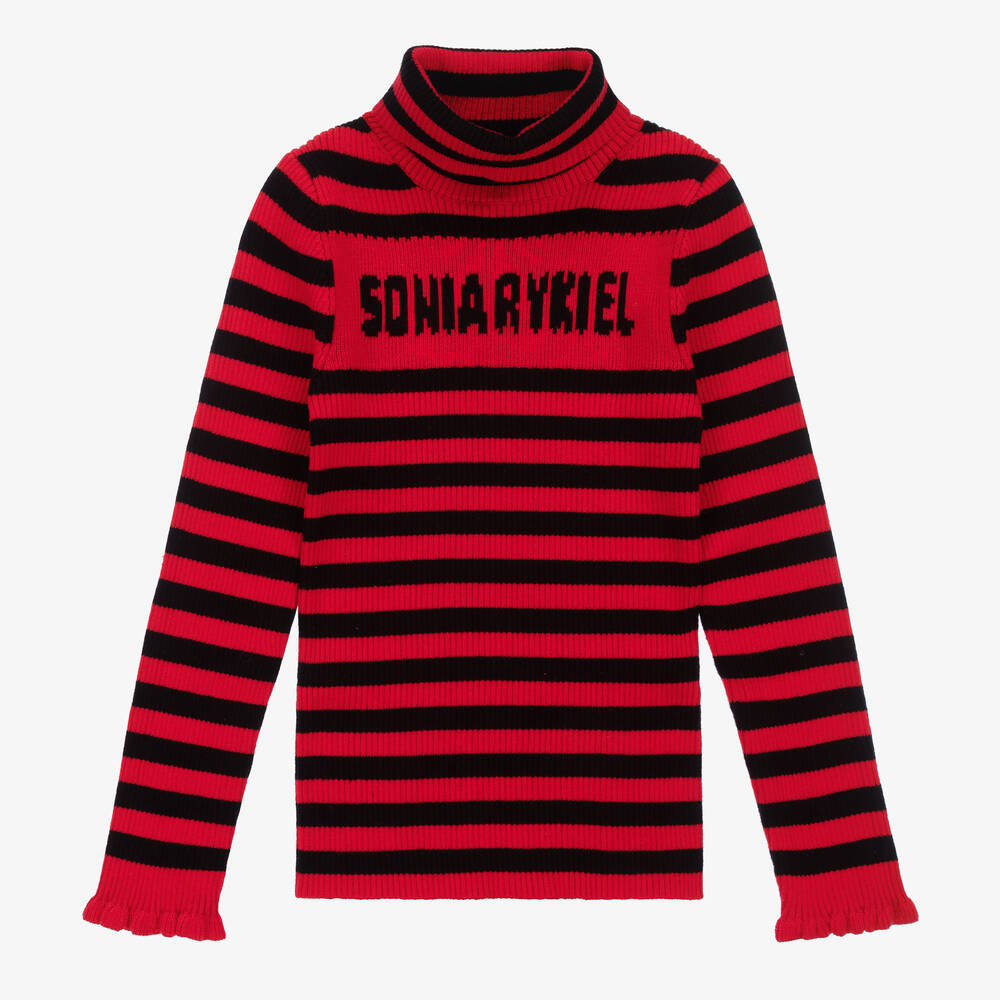 Sonia Rykiel Paris - Girls Red Stripe Cotton Roll Neck Top | Childrensalon