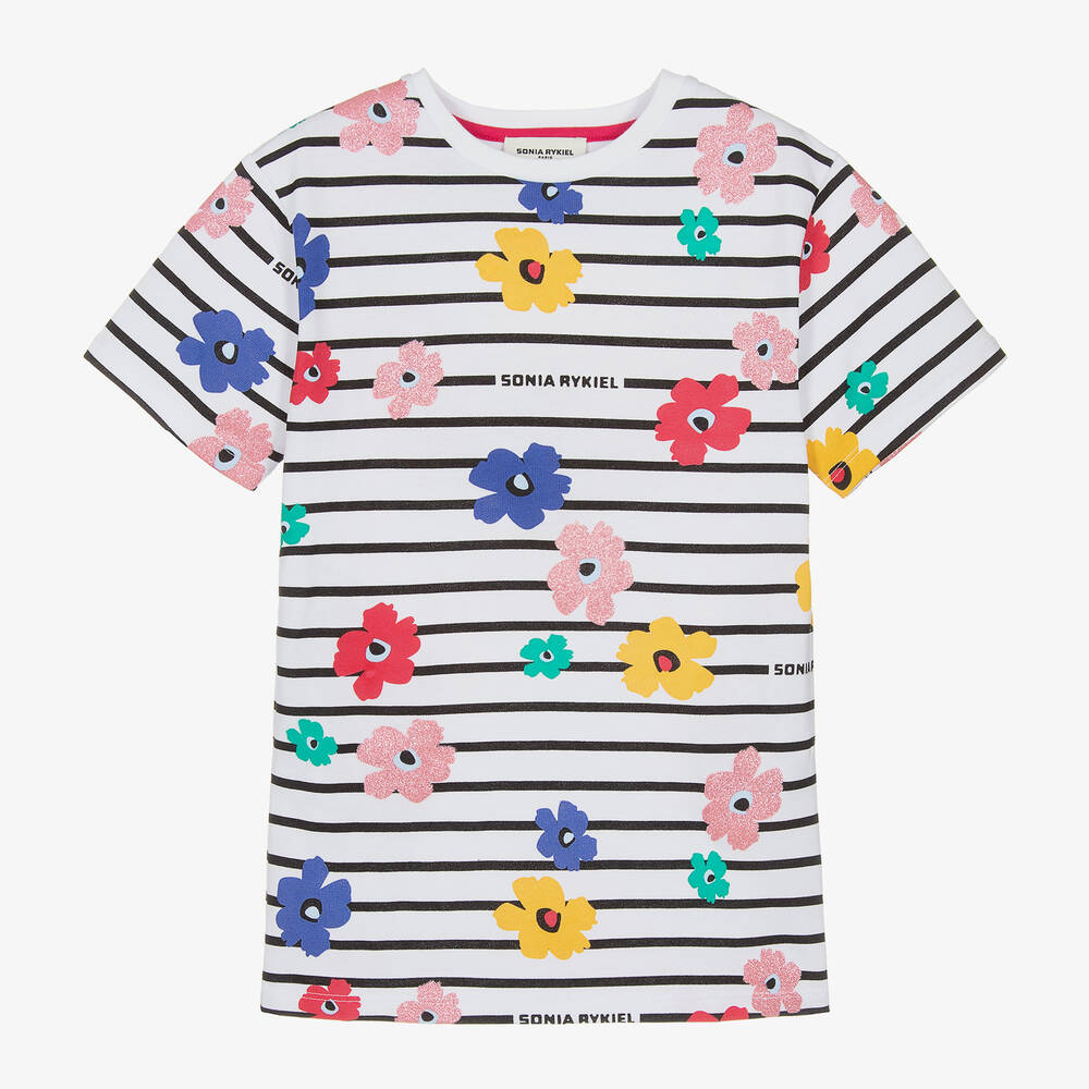 Girls White Cotton Floral T-Shirt Dress