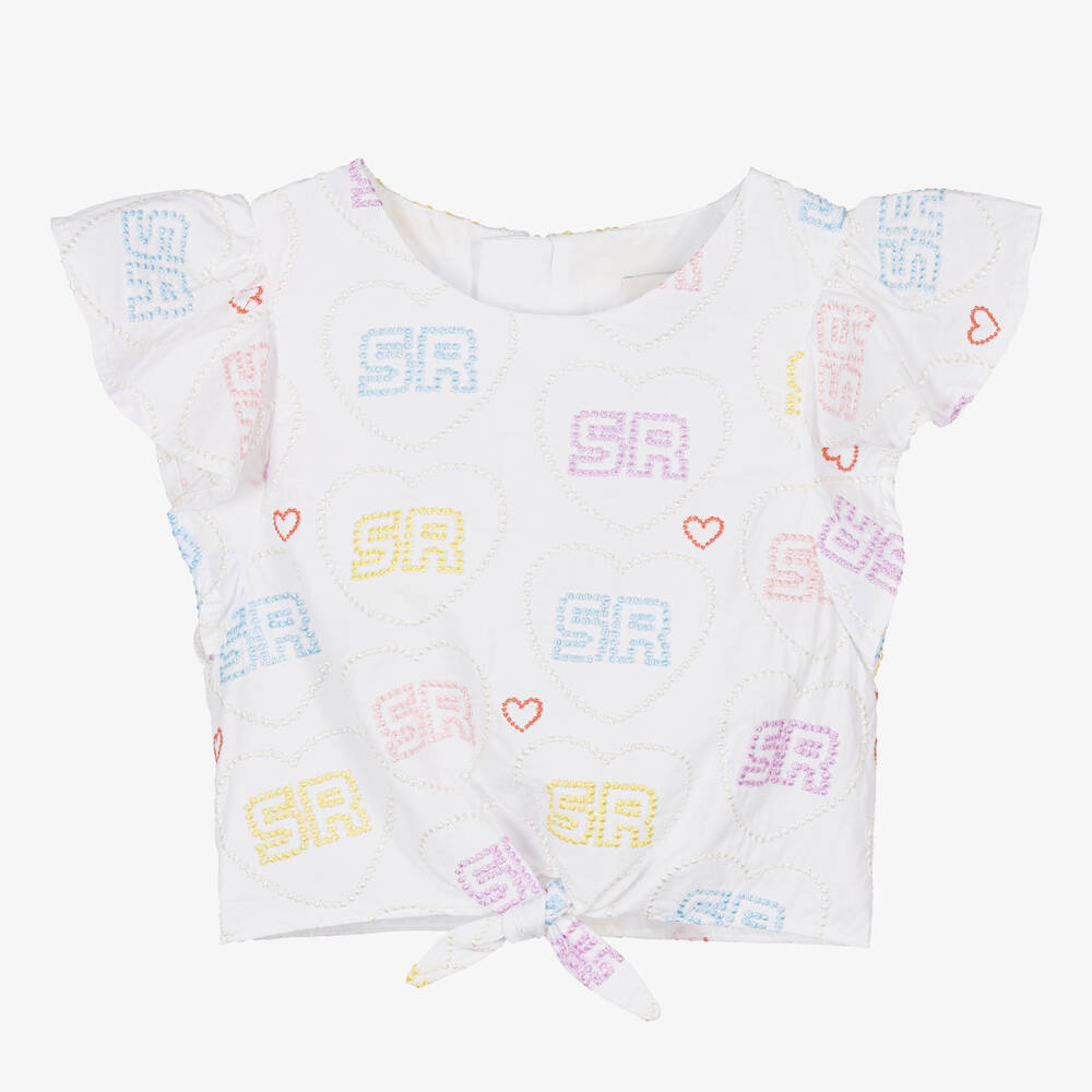 Sonia Rykiel Paris-بلوزة قطن لون أبيض بطبعة قلوب للبنات | Childrensalon Outlet
