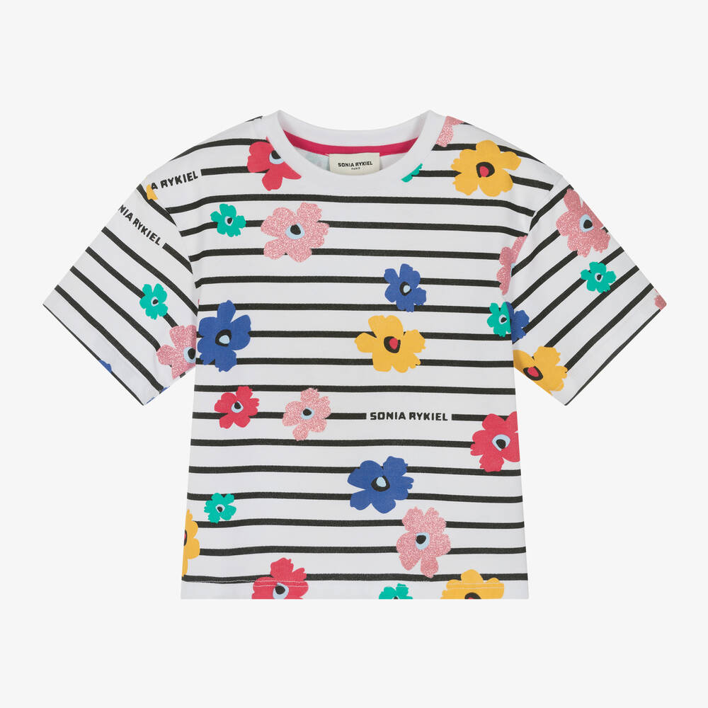Sonia Rykiel Paris-Girls White Striped & Floral Cotton T-Shirt | Childrensalon Outlet