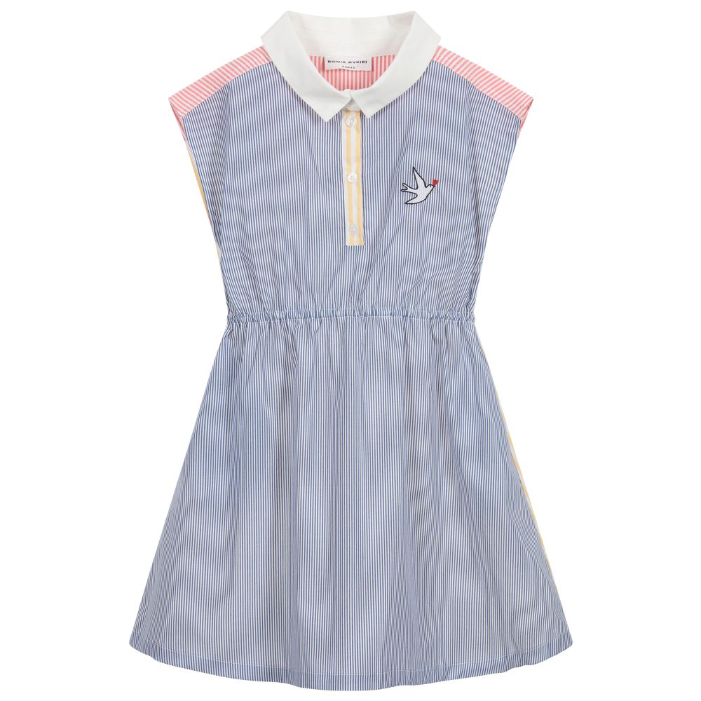 Sonia Rykiel Paris-فستان قطن بوبلين مقلم لون أزرق وأبيض وأحمر | Childrensalon Outlet