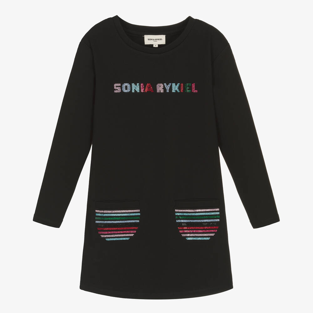 Sonia Rykiel Paris - فستان تينز بناتي جيرسي ميلانو لون أسود مزين بديامنتي | Childrensalon
