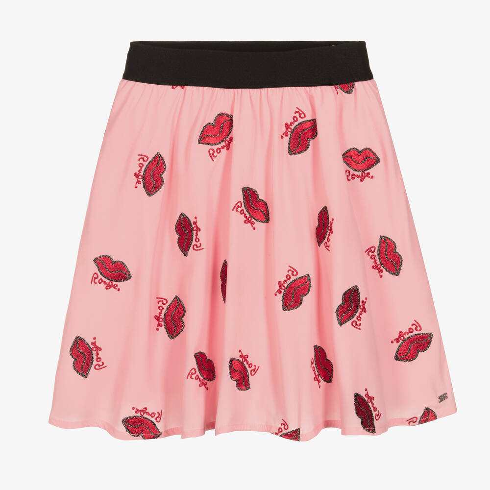 Teen Girls Pink Embroidered Lips Skirt