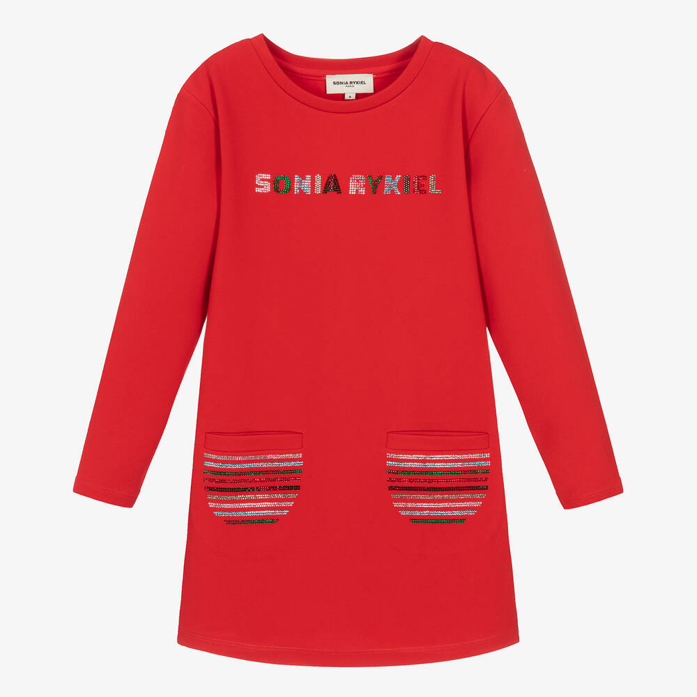 Sonia Rykiel Paris - فستان تينز بناتي جيرسي ميلانو لون أحمر مزين بديامنتي  | Childrensalon
