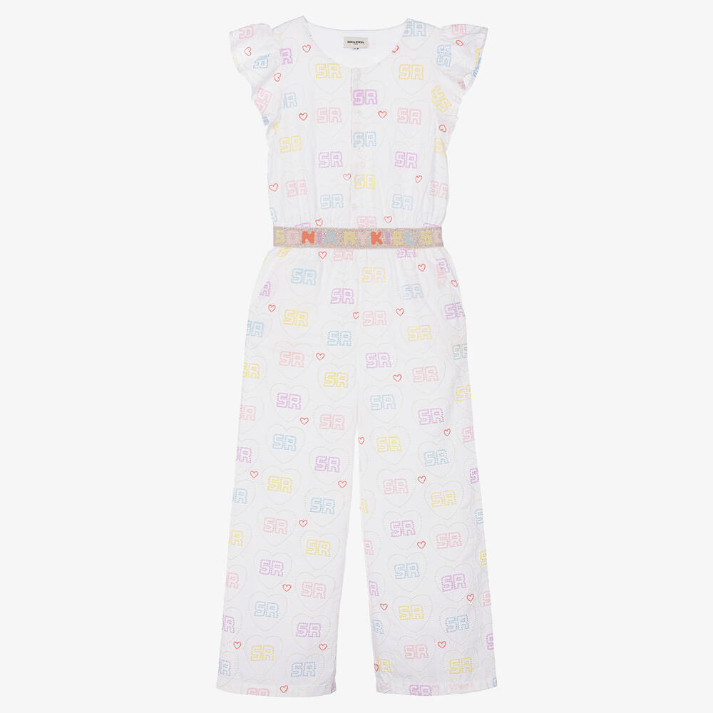 Teen Girls White Cotton Embroidered Jumpsuit