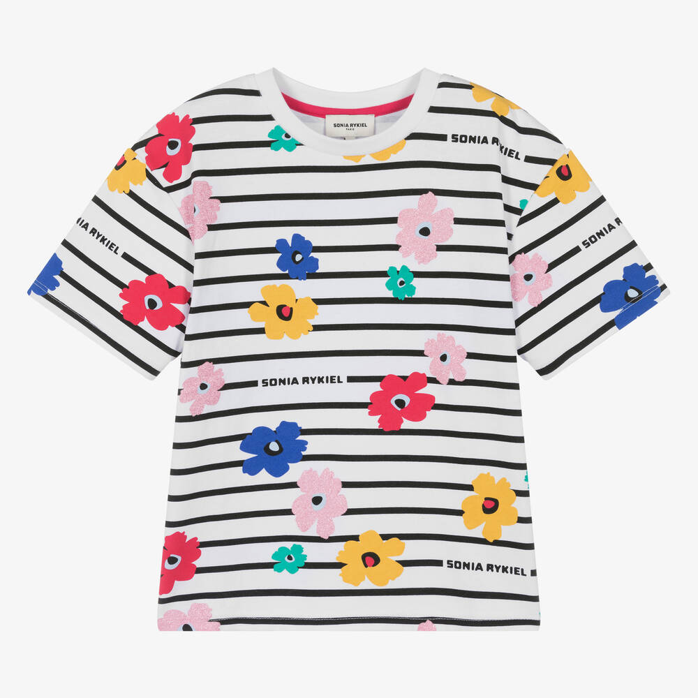 Sonia Rykiel Paris-Teen Girls White Striped & Floral T-Shirt | Childrensalon Outlet