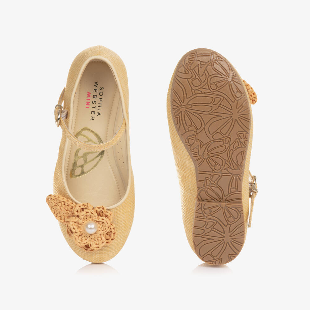 Sophia Webster Mini-Girls Beige Raffia Bar Shoes with Flower Detail | Childrensalon Outlet