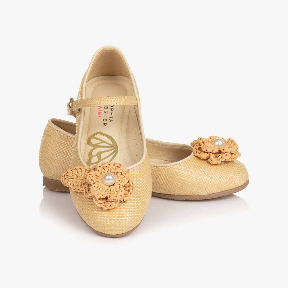 Sophia Webster Mini-Girls Beige Raffia Bar Shoes with Flower Detail | Childrensalon Outlet