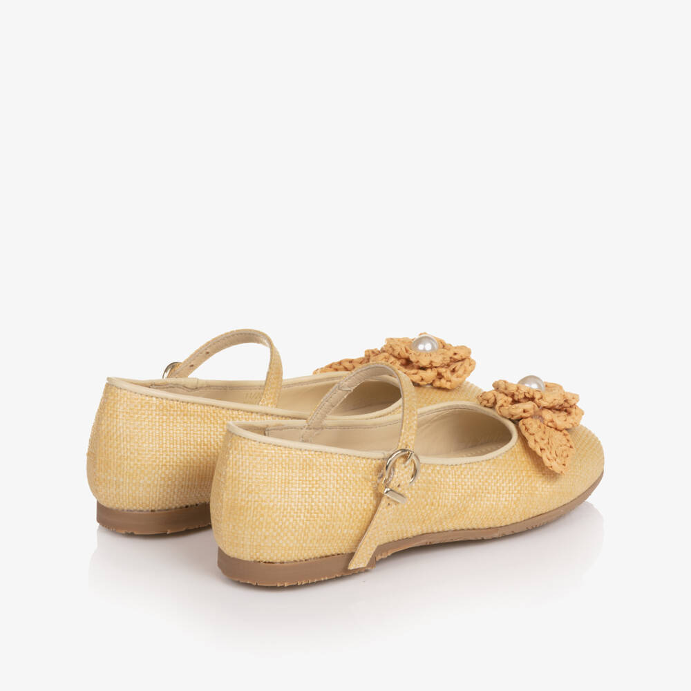 Sophia Webster Mini-Girls Beige Raffia Bar Shoes with Flower Detail | Childrensalon Outlet