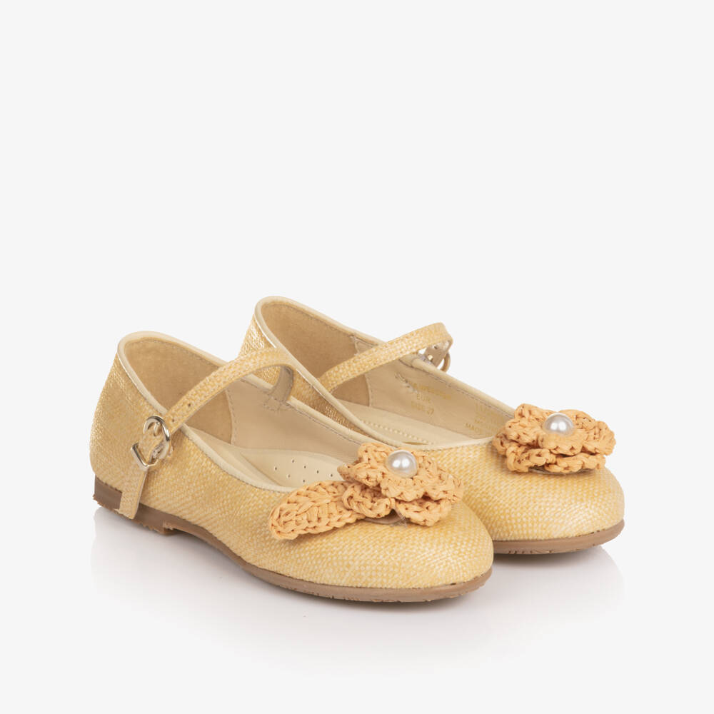 Sophia Webster Mini-Girls Beige Raffia Bar Shoes with Flower Detail | Childrensalon Outlet