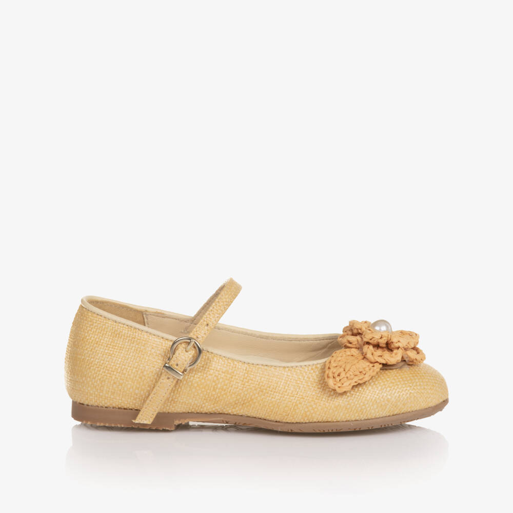 Sophia Webster Mini-Girls Beige Raffia Bar Shoes with Flower Detail | Childrensalon Outlet