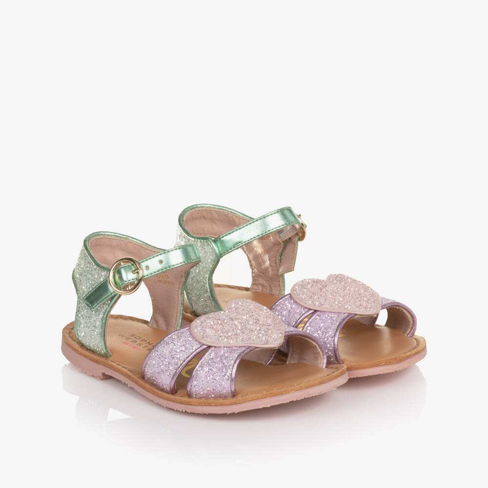 Sophia Webster Mini-Girls Green & Purple Glitter Embellished Leather Sandals | Childrensalon Outlet