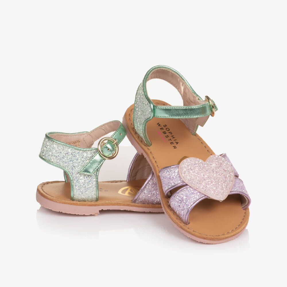 Sophia Webster Mini-Girls Green & Purple Glitter Embellished Leather Sandals | Childrensalon Outlet