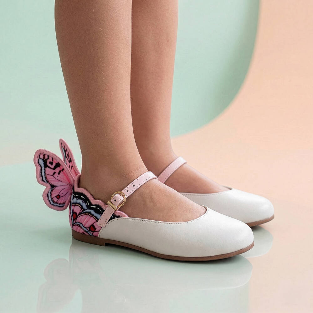 Sophia Webster Mini-Girls White Leather & Pink Butterfly Bar Shoes | Childrensalon Outlet