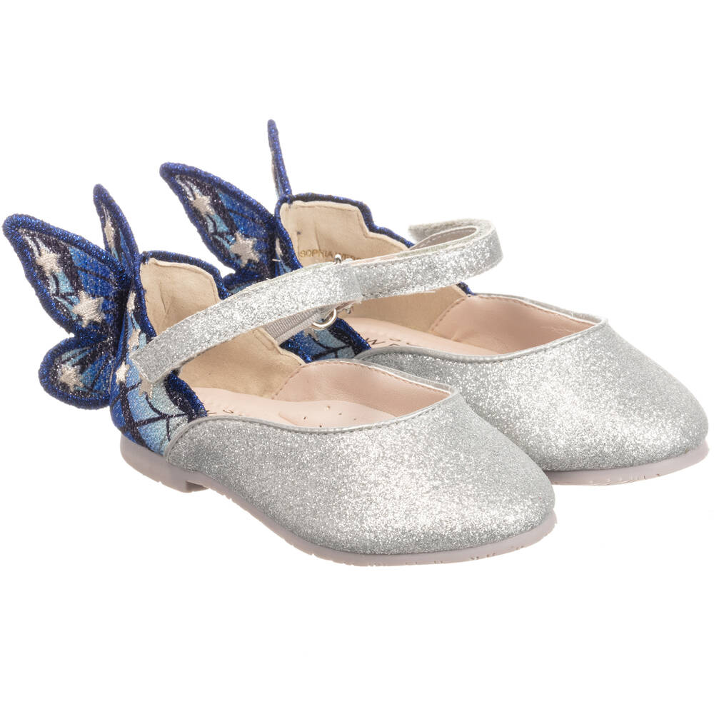 Sophia Webster Mini - حذاء قماش لون فضّي و أزرق برّاق للبنات  | Childrensalon
