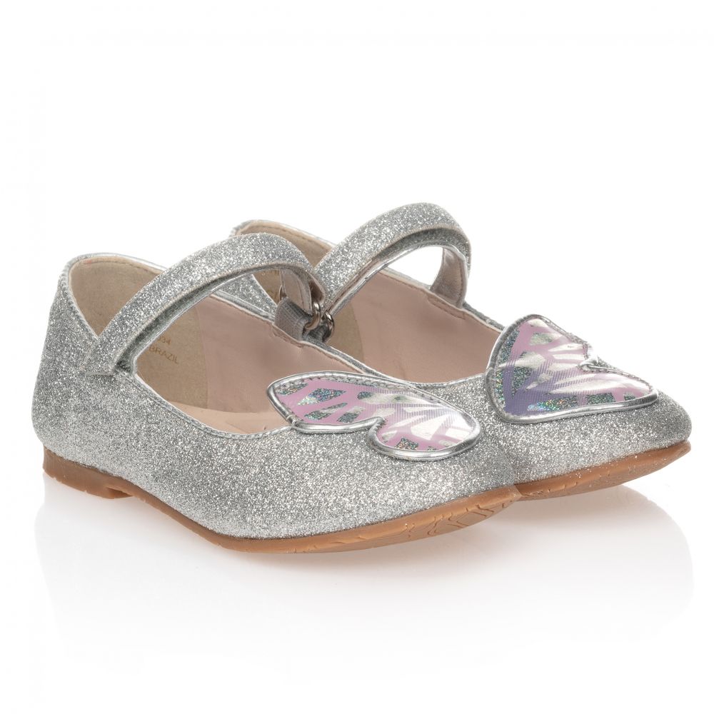 Sophia Webster Mini - Серебристые туфли с блестками и бабочками | Childrensalon