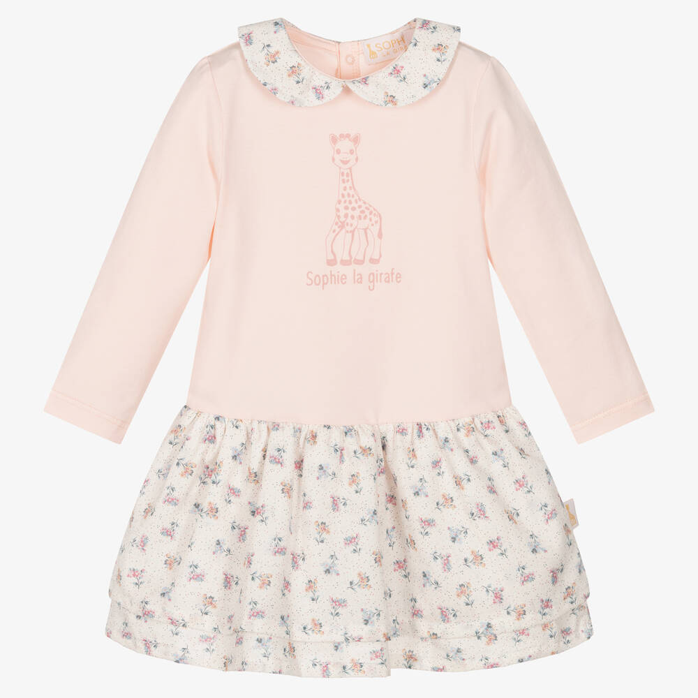 Sophie la Girafe-فستان قطن جيرسي لون زهري بطبعة ورود للمولودات | Childrensalon Outlet